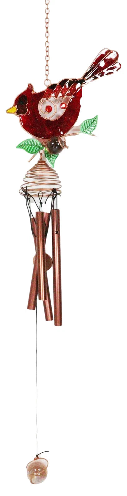 Stained Glass Red Cardinal Bird On Twig Copper Metal Wind Chime 24"Long-6