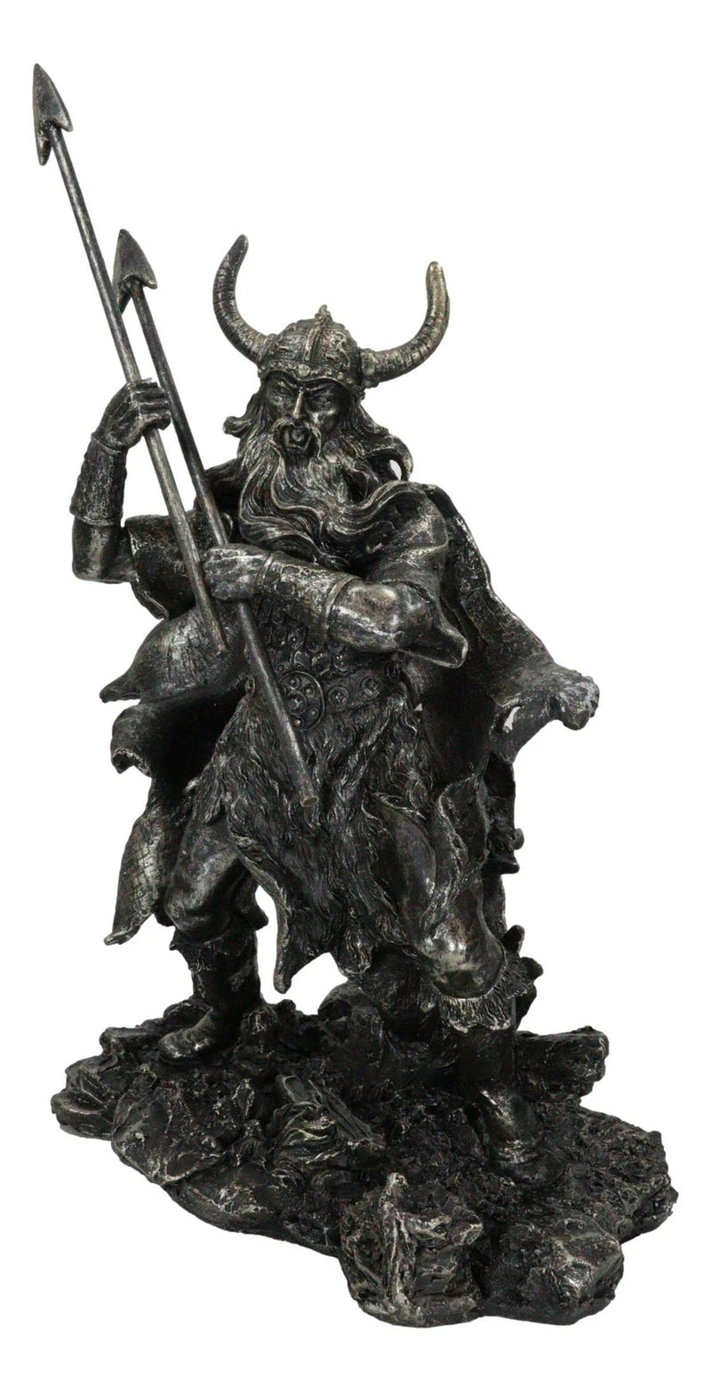 Viking Norse God Odin Alfather With Horned Helm Holding Javelin Spears Figurine-7