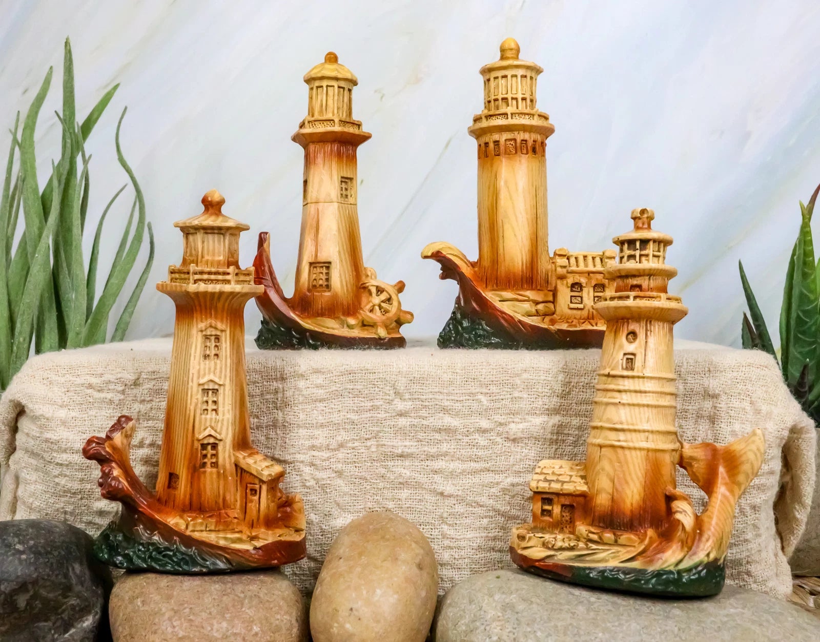 3.5"Tall Marine Scenic Lighthouse By The Ocean Set Of 4 Miniature Figurine