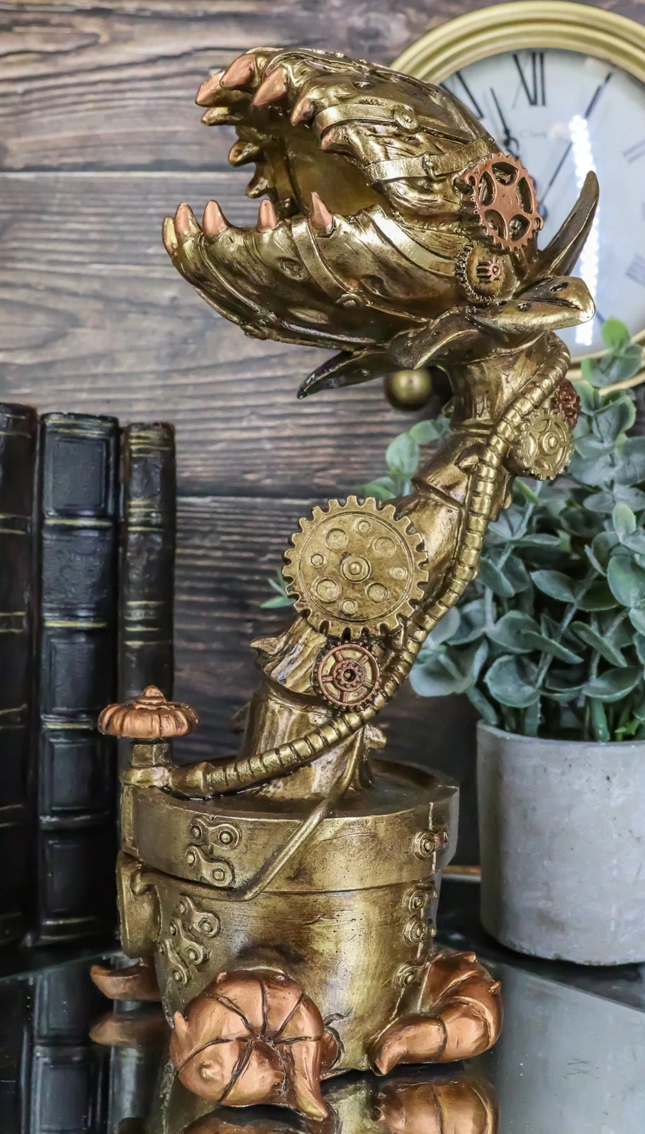 Geared Clockwork Vintage Steampunk Cyborg Venus Flytrap Plant In Pot Figurine-2