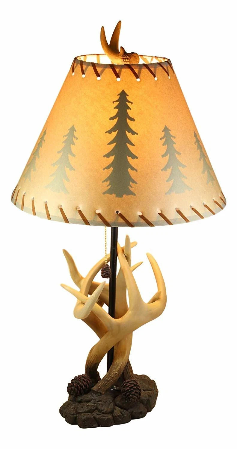 26"H Rustic Vintage Design 3 Entwined Antlers And Pine Cones Table Lamp-5