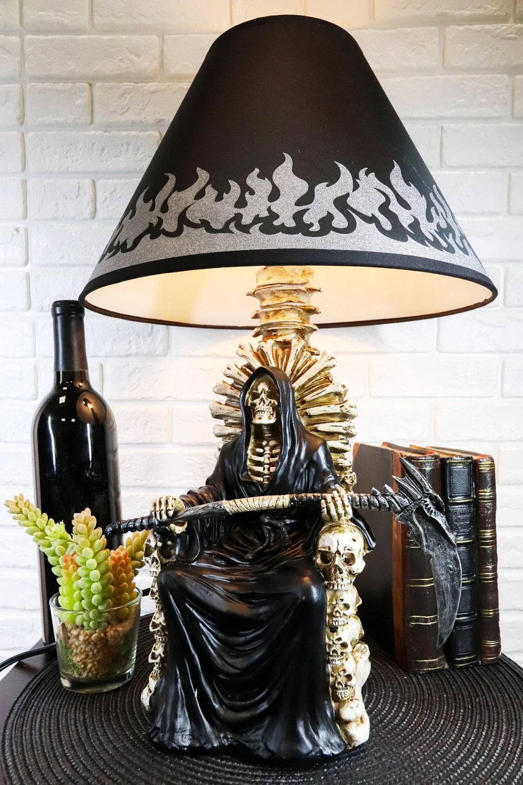 Grim Reaper Seated On Skeleton Justice Throne With Scythe Table Lamp Shade-1
