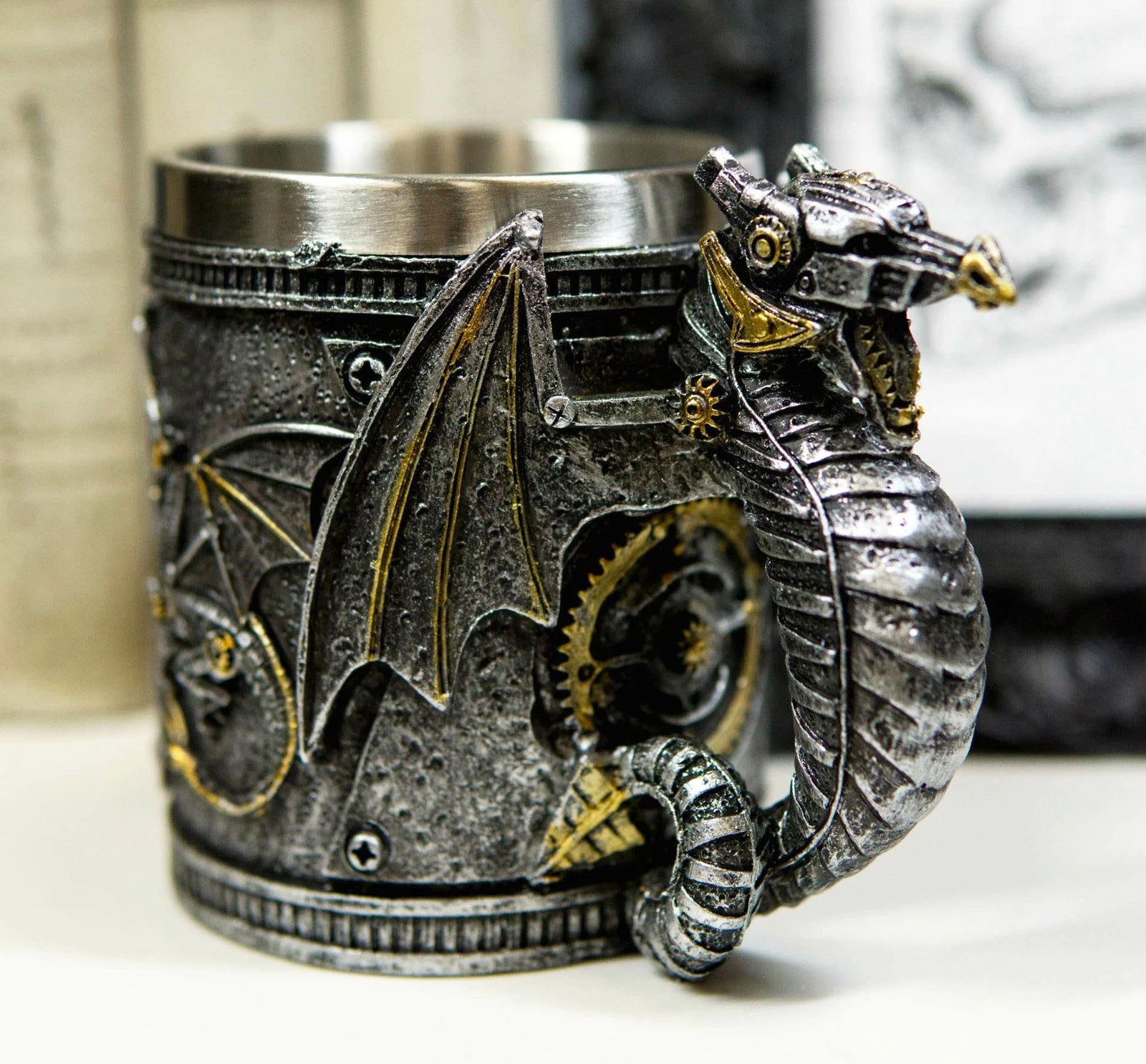 Silver Surfer Steampunk Cyborg Robotic Dragon Jarra de cerveza Jarra Taza de café-6