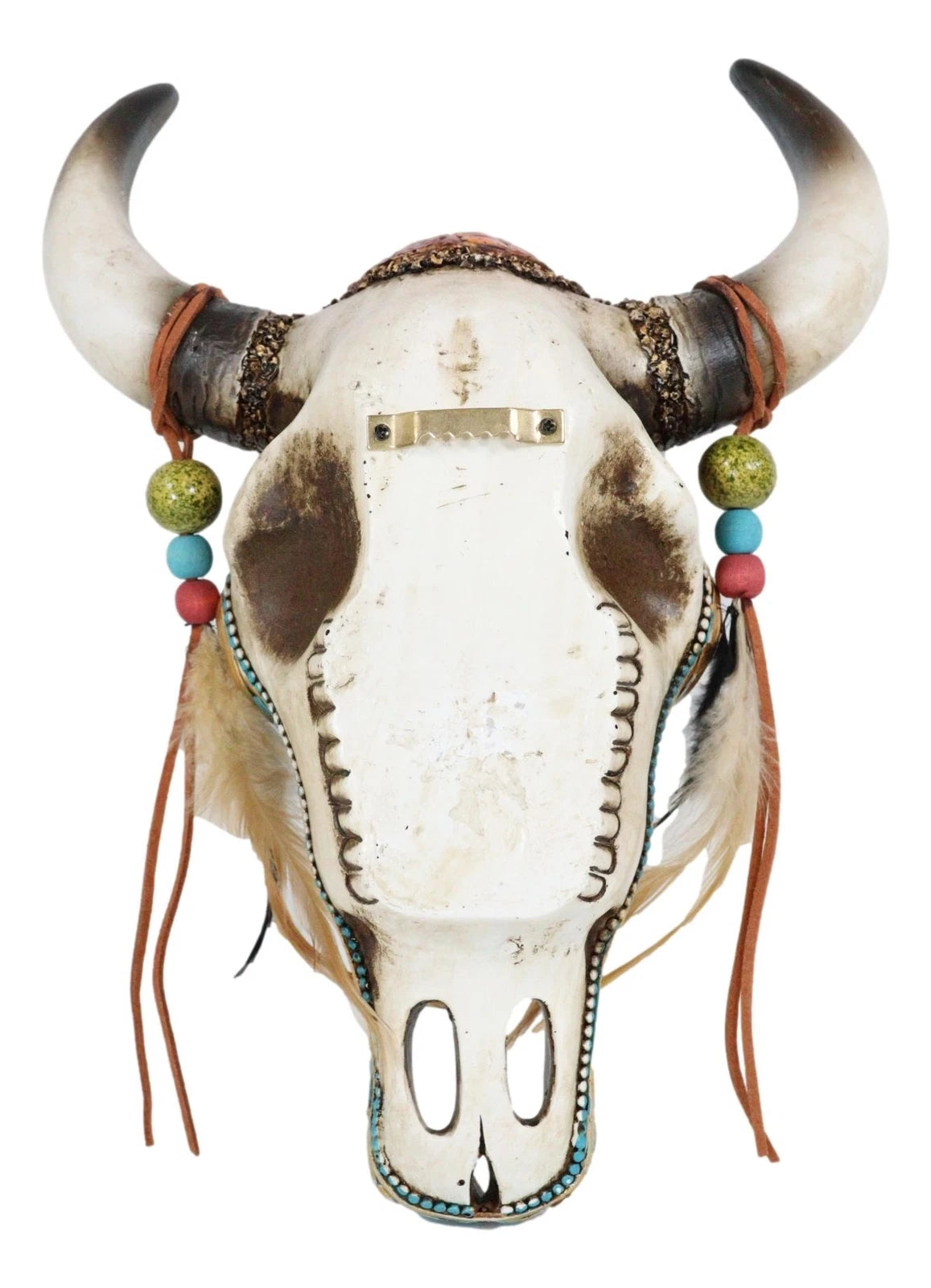 Southwest Tooled Leather Cow Skull With Turquoise Gems And Feathers Wall Decor-5