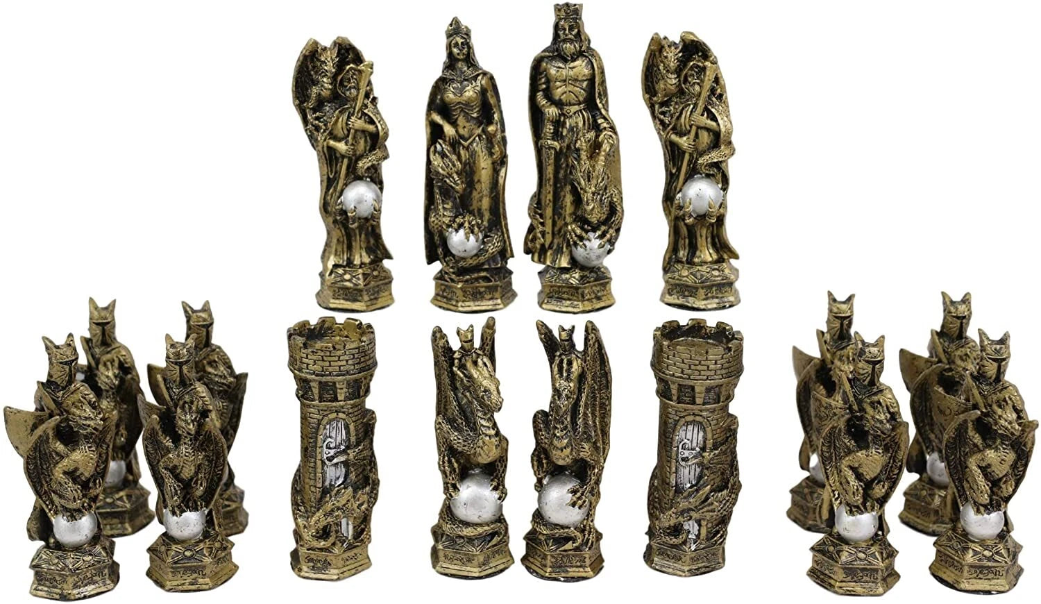 Silver and Gold King Arthur Merlin Dragons Chess Pieces with Board Set-4