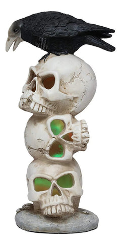 Gothic Raven Crow Bird Perching On Totem Stacked Skulls With LED Light Statue-3