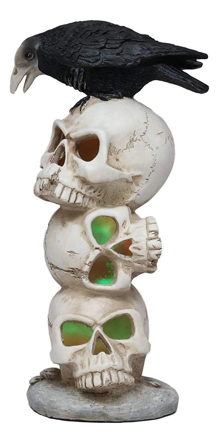 Gothic Raven Crow Bird Perching On Totem Stacked Skulls With LED Light Statue-3