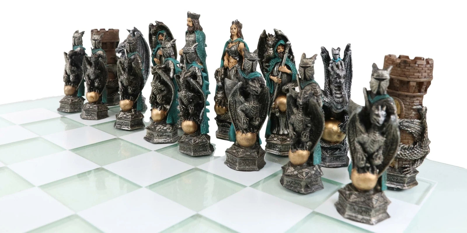 Tablero de cristal con piezas de ajedrez pintadas a mano de los dragones de Merlín del Rey Arturo Morgan-4