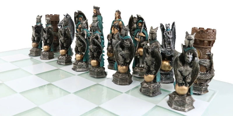 Tablero de cristal con piezas de ajedrez pintadas a mano de los dragones de Merlín del Rey Arturo Morgan-4