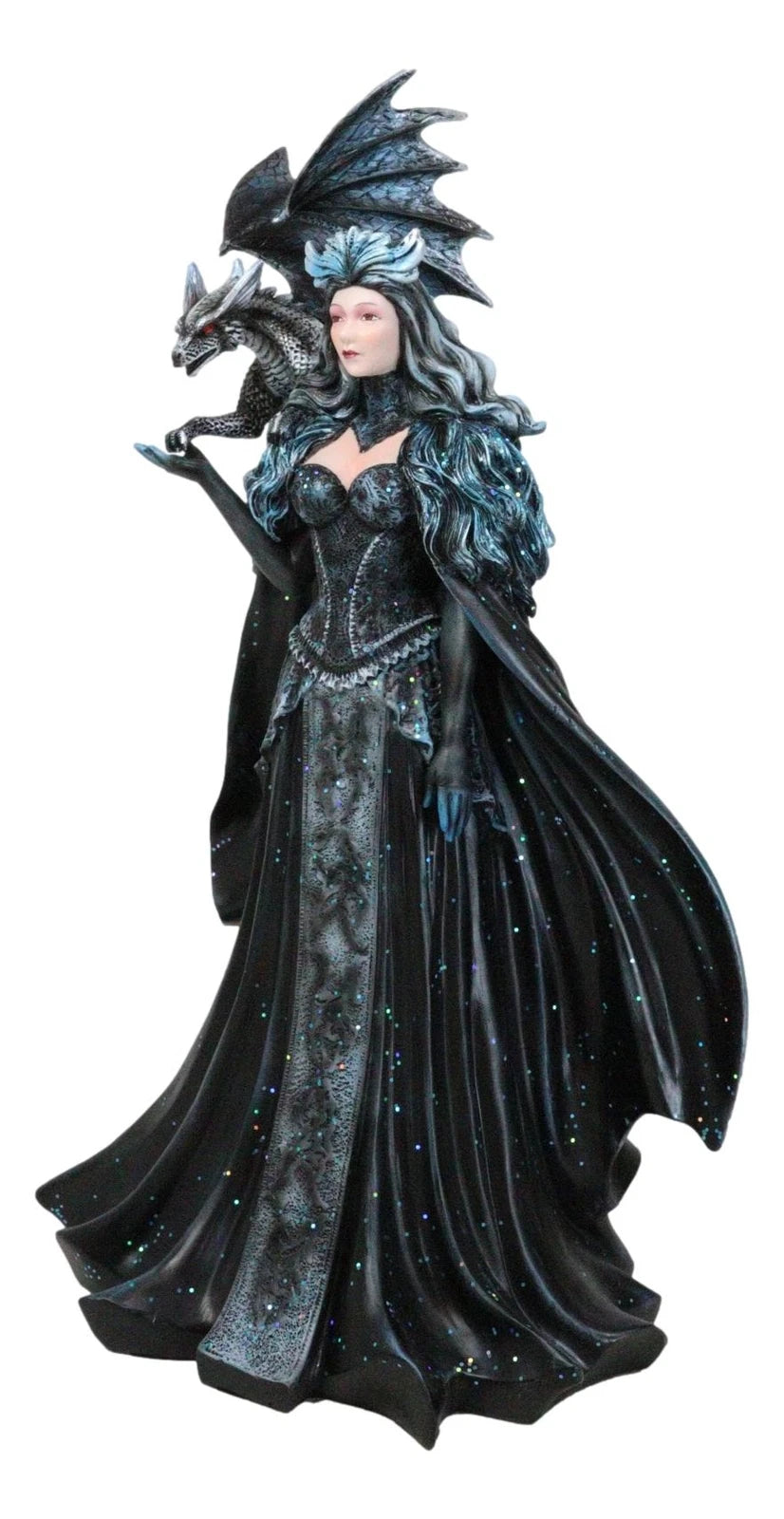 Large Gothic Necromancy Black Dragon Witch Dark Queen In Long Gown Statue-6