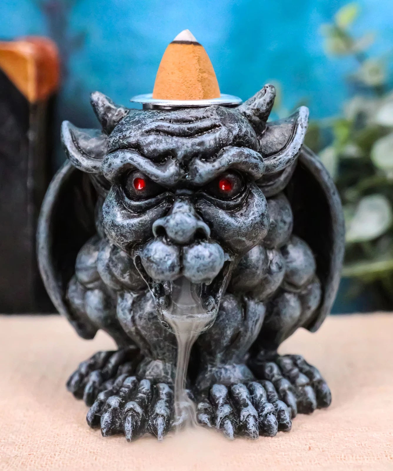 Crouching Gothic Horned Devil Chimera Gargoyle Backflow Incense Cone Burner-3