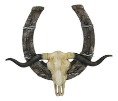 21" L Rustic Western Longhorn Bull Cow Skull With Giant Horseshoe Wall Decor-4