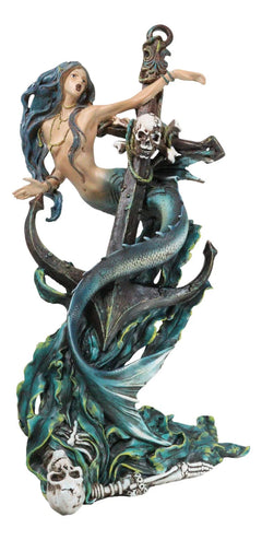 Siren Mermaid Holding Ship Anchor with Skulls On Ocean Waves Home Decor Figurine-6