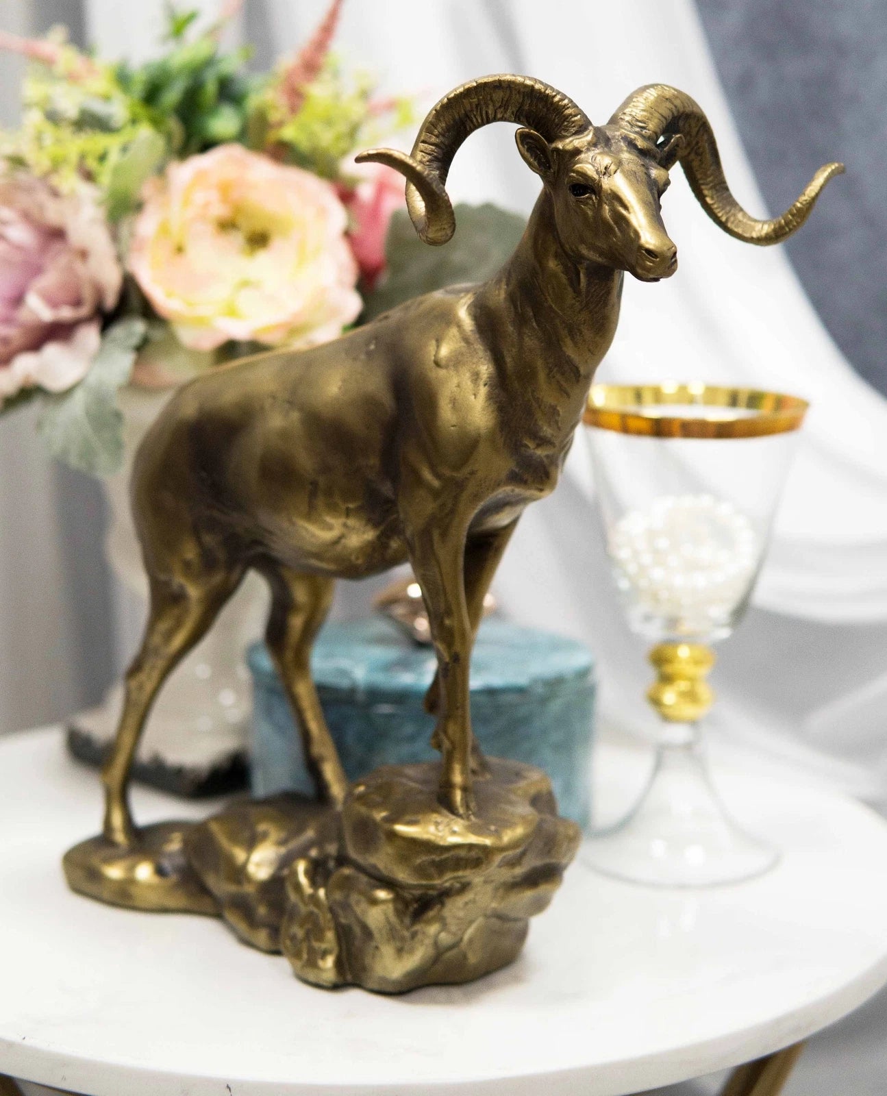 Large Country Wildlife Bighorn Sheep Ram Climbing On Rock Statue In Gold Patina-5