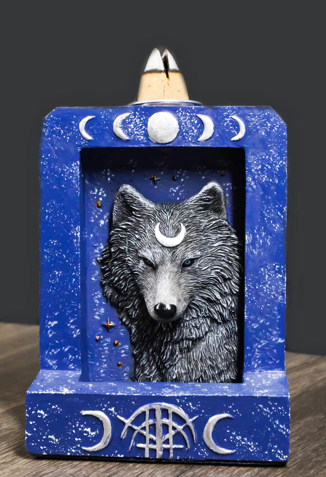 Phases Of The Moon Alpha Black Wolf With Crescent Mark Backflow Incense Burner-1
