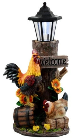 Country Farm Rooster Hen Chicks Family By Sunflowers Solar Light Lantern Statue-4