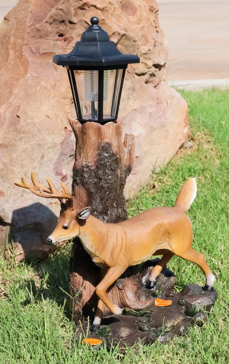 The Emperor 12 Point Buck Deer Statue Rustic Forest Tree Solar LED Light Outpost-4