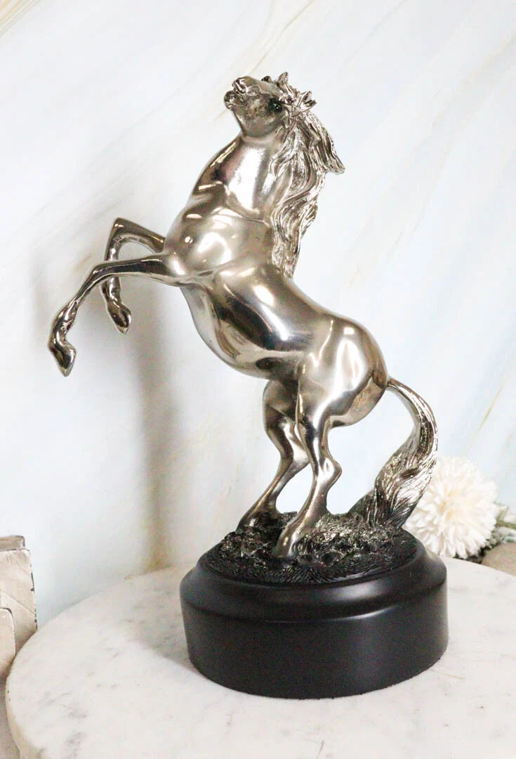 Western Black Beauty Prancing Horse Stallion Silver Resin Figurine With Base-3