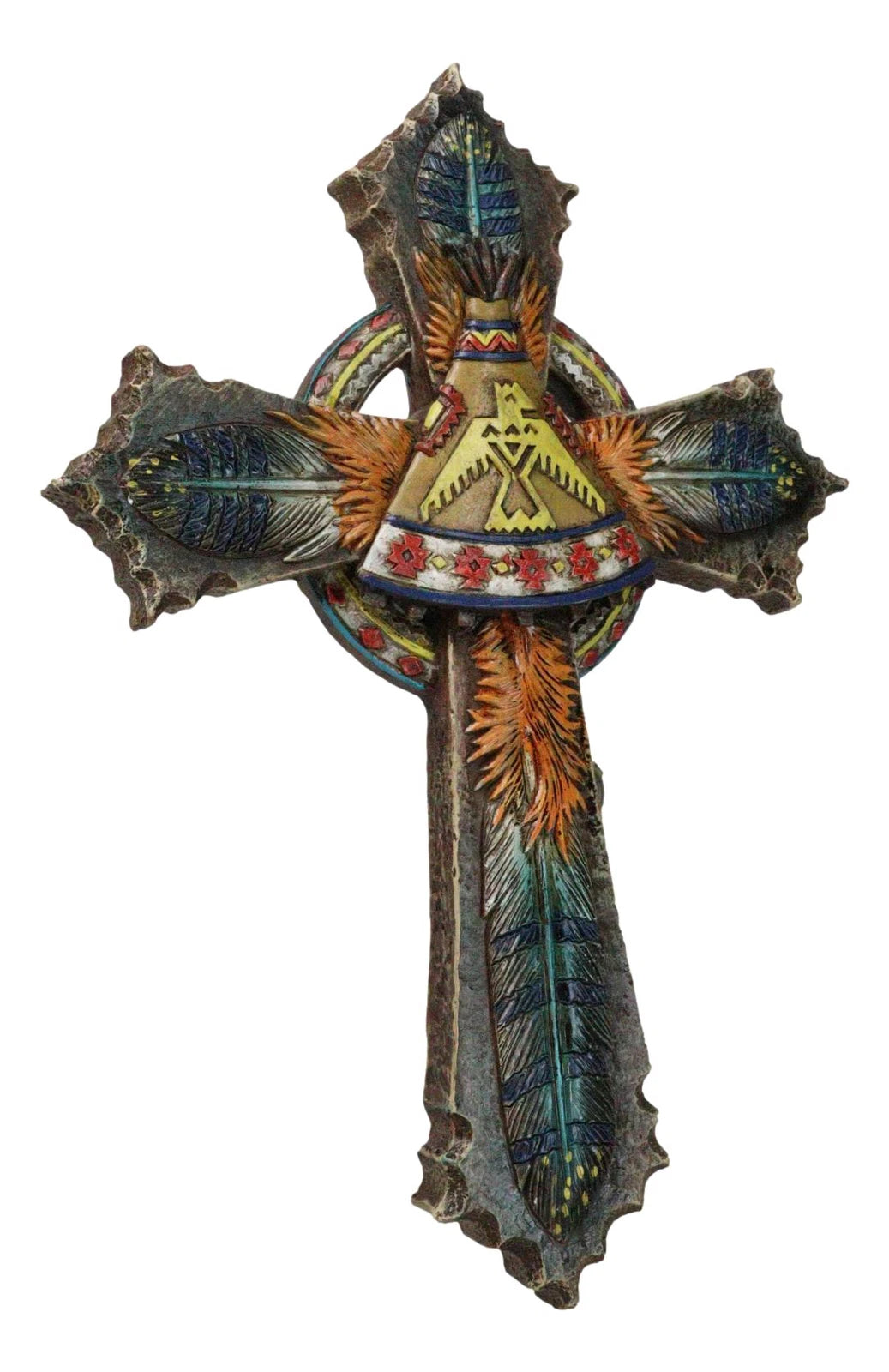 Southwestern Indian Feathers Teepee Sacred Eagle Faux Wooden Rustic Wall Cross-7
