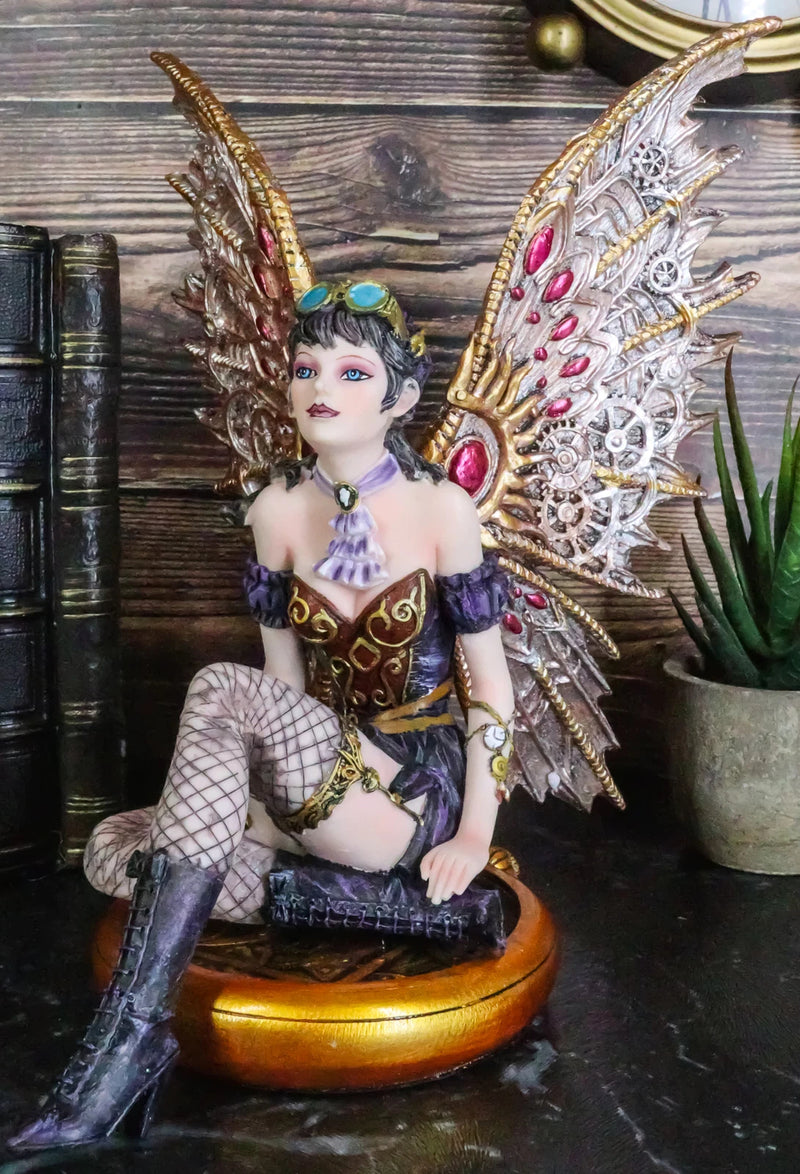 Steampunk Air Force Pilot Assassin Fairy Sitting On Time Warp Machine Figurine-1