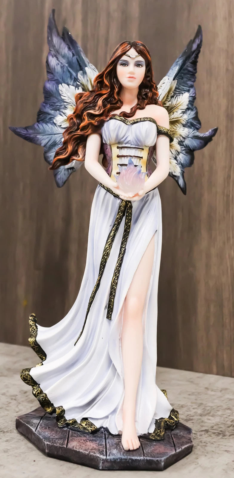 Enchanted Fantasy Damsel Fairy In White Corset Gown Holding Blue Flame Figurine-1