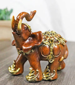 Feng Shui Faux Wood Left Facing Trunk Up Elephant With Golden Tapestry Figurine-1