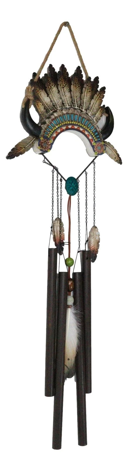 Southwest Boho Chic Indian Chief Headdress Feathers Turquoise Rocks Wind Chime-4