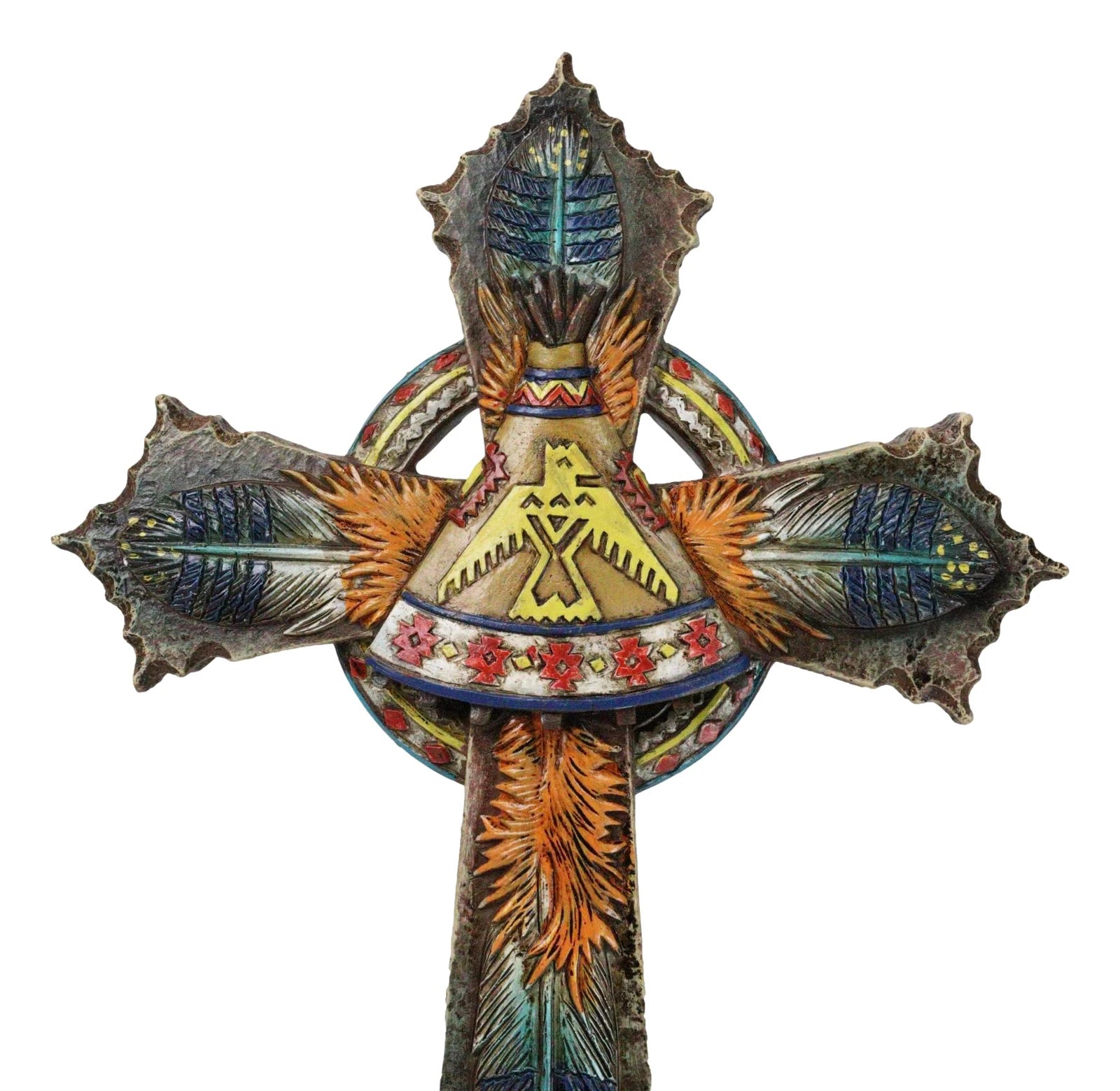 Southwestern Indian Feathers Teepee Sacred Eagle Faux Wooden Rustic Wall Cross-4