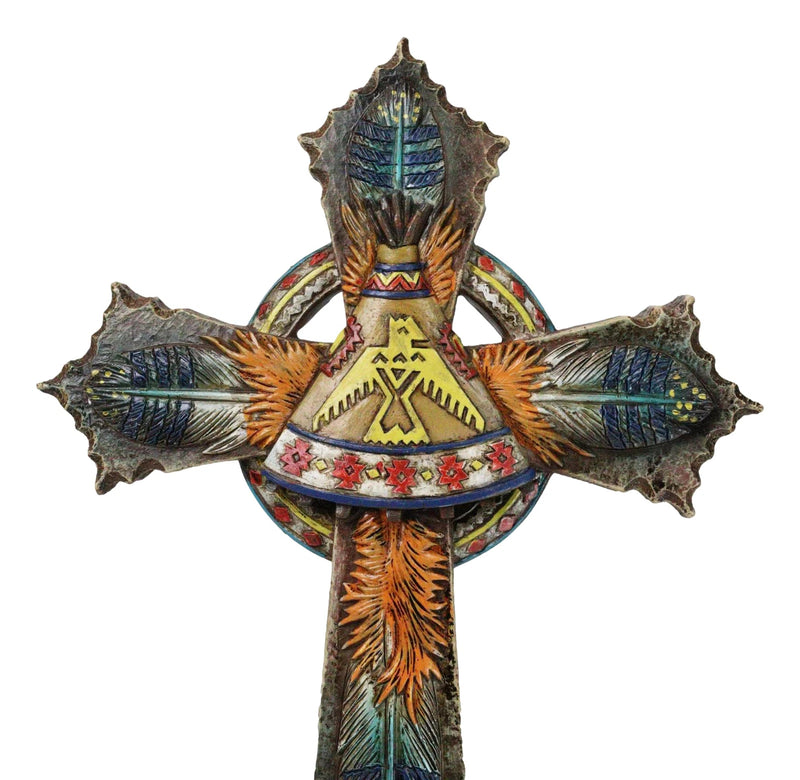 Southwestern Indian Feathers Teepee Sacred Eagle Faux Wooden Rustic Wall Cross-4