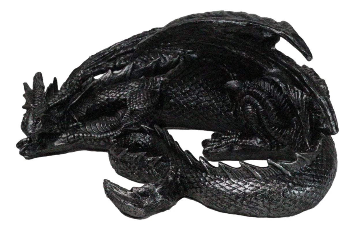 Figura coleccionable de dragón soma negro con cuernos de fantasía medieval en reposo, 28 cm de largo-6