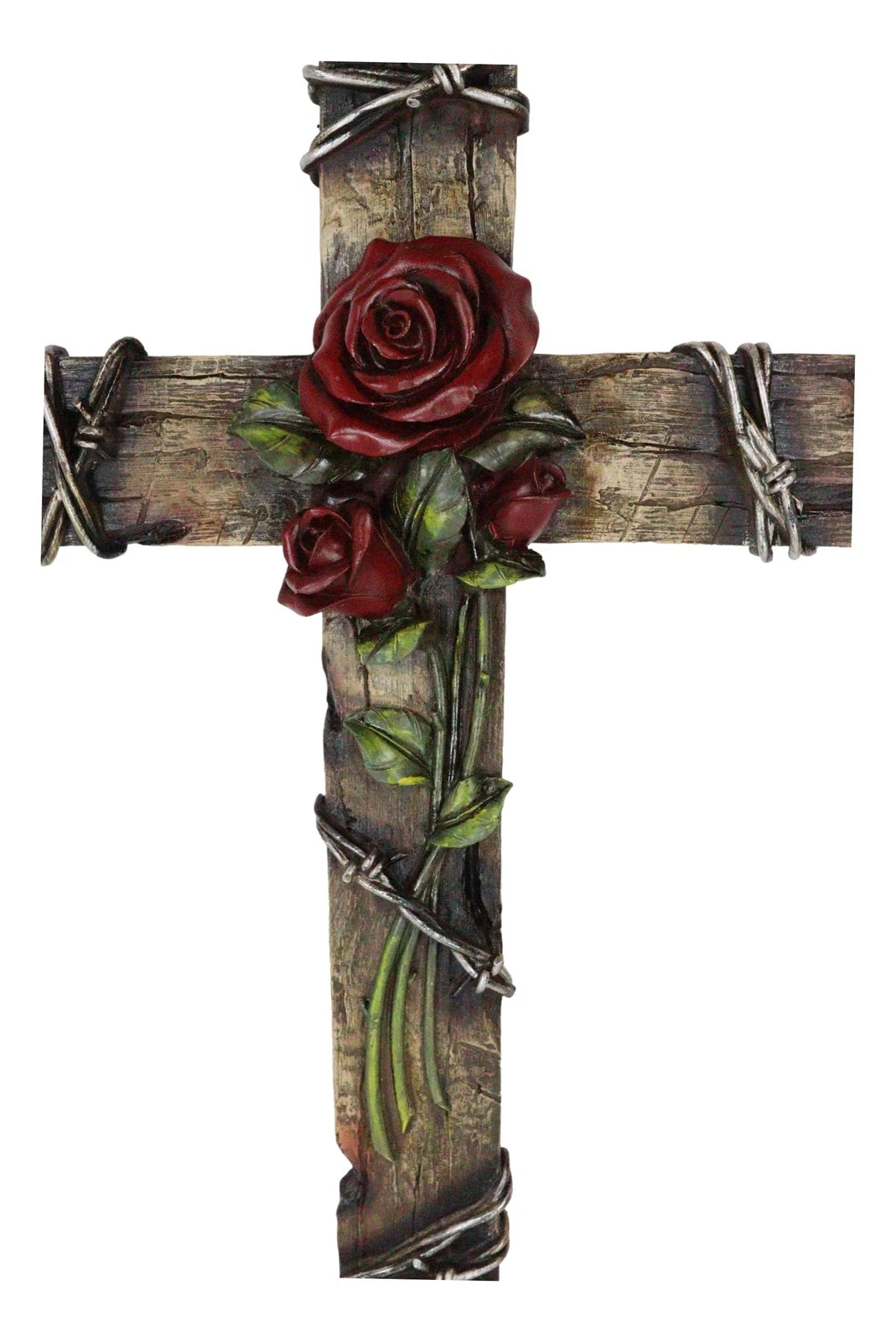 Rustic Western Faux Wooden Valentine Love Red Roses With Barbed Wires Wall Cross-8