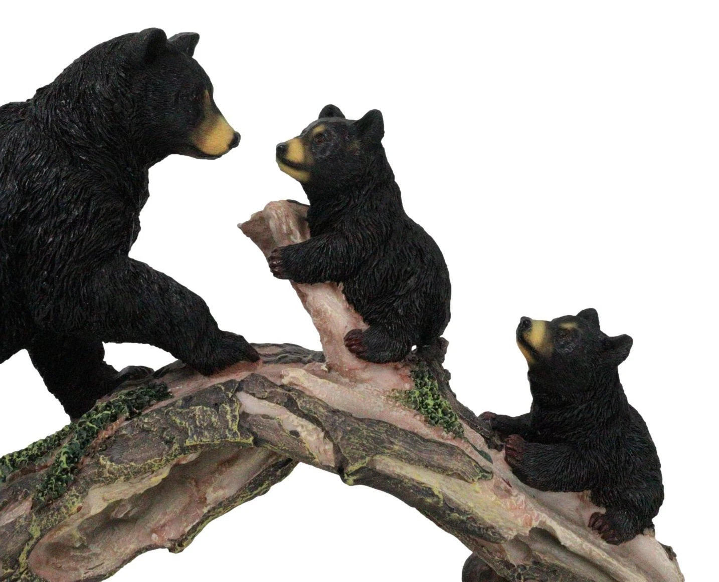 Rustic Forest Black Bear Mother and 2 Cubs Climbing On Tree Log Bridge Figurine-4