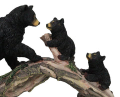Rustic Forest Black Bear Mother and 2 Cubs Climbing On Tree Log Bridge Figurine-4
