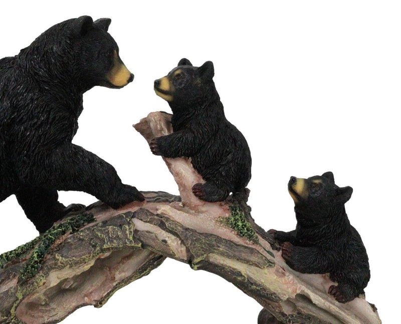 Rustic Forest Black Bear Mother and 2 Cubs Climbing On Tree Log Bridge Figurine-4