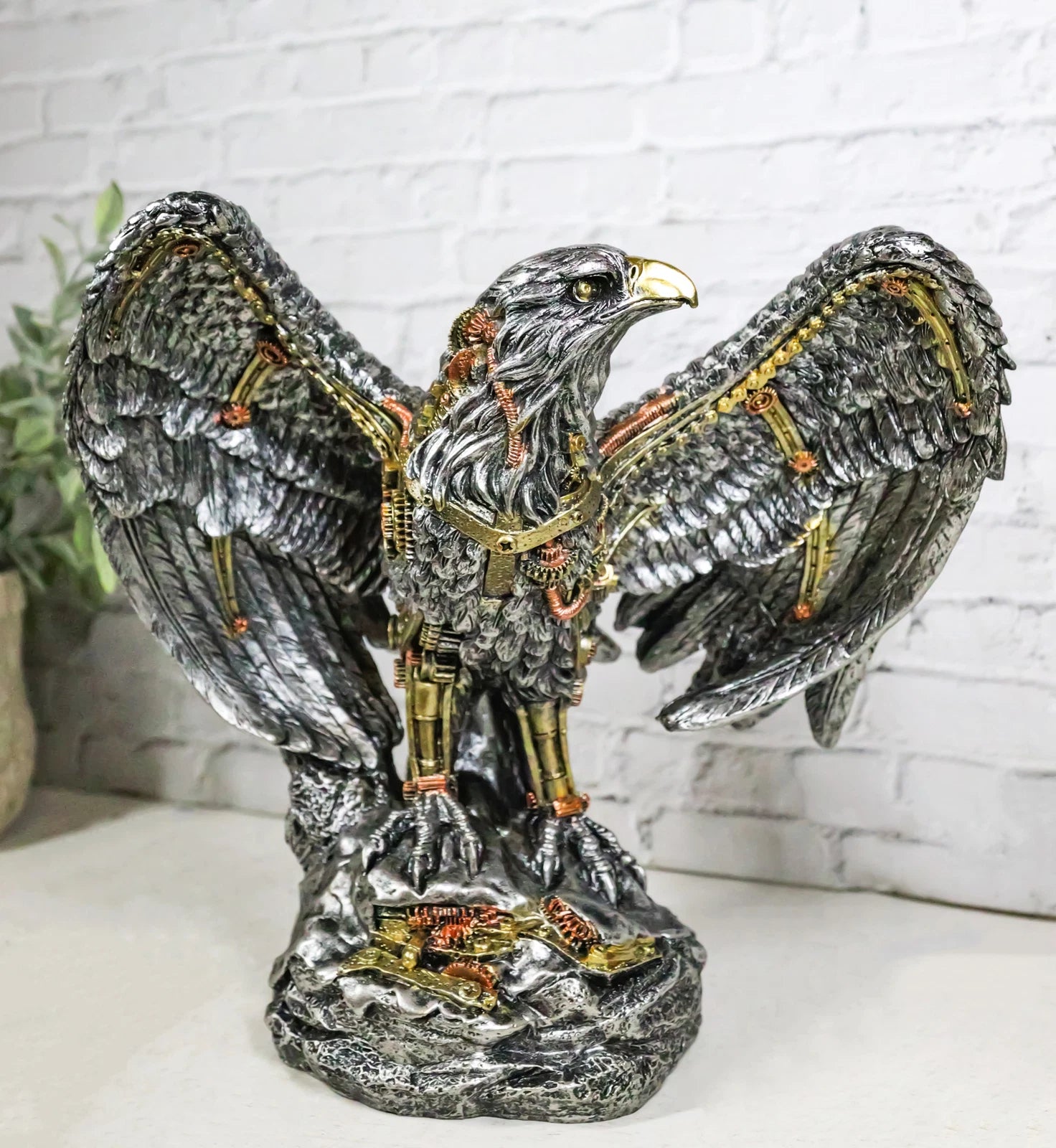 Large Geared Clockwork Steampunk Nano Cyborg Eagle with Open Wings Figurine-1
