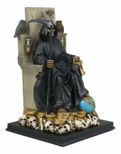 Black Santa Muerte Holding Scythe Seated On Throne Statue Our Lady Of Death-2