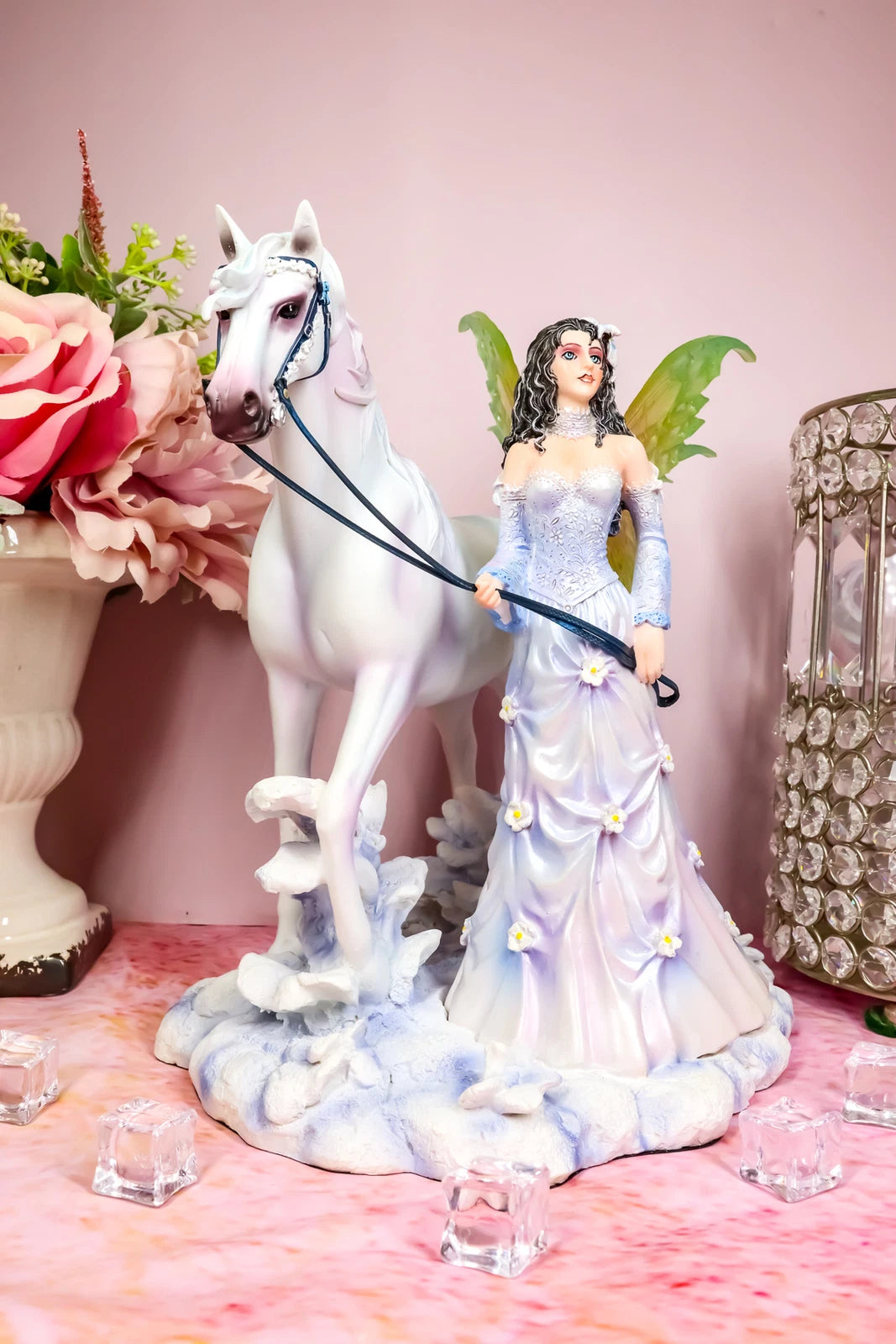 Aurora Borealis Winter Fairy With Sacred White Horse Statue 10"Long Nene Thomas-8