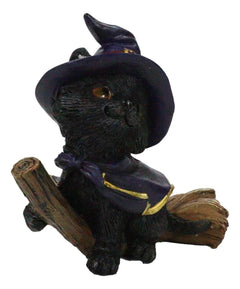 Halloween Black Cat with Witch Hat and Cape Riding Magical Broomstick Figurine-5