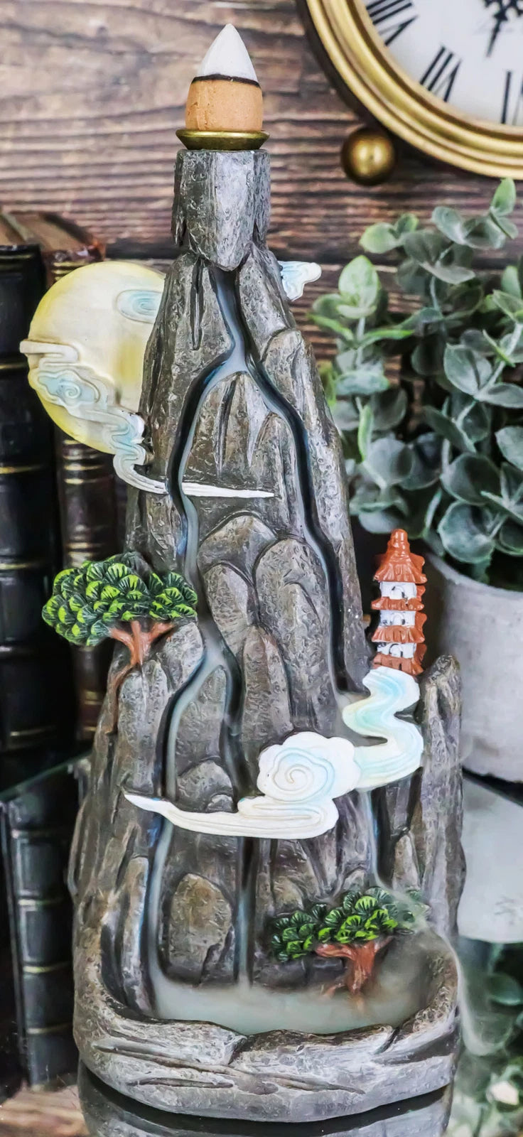 Feng Shui Rocky Mountain Top Buddhist Pagoda Temple Backflow Cone Incense Holder-2