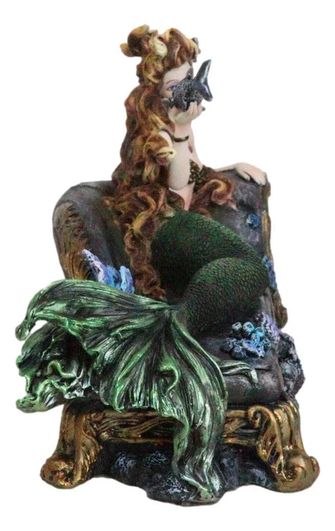 Queen Of Atlantis Siren Mermaid With Fish Resting On Sea Lounge Chair Figurine-7