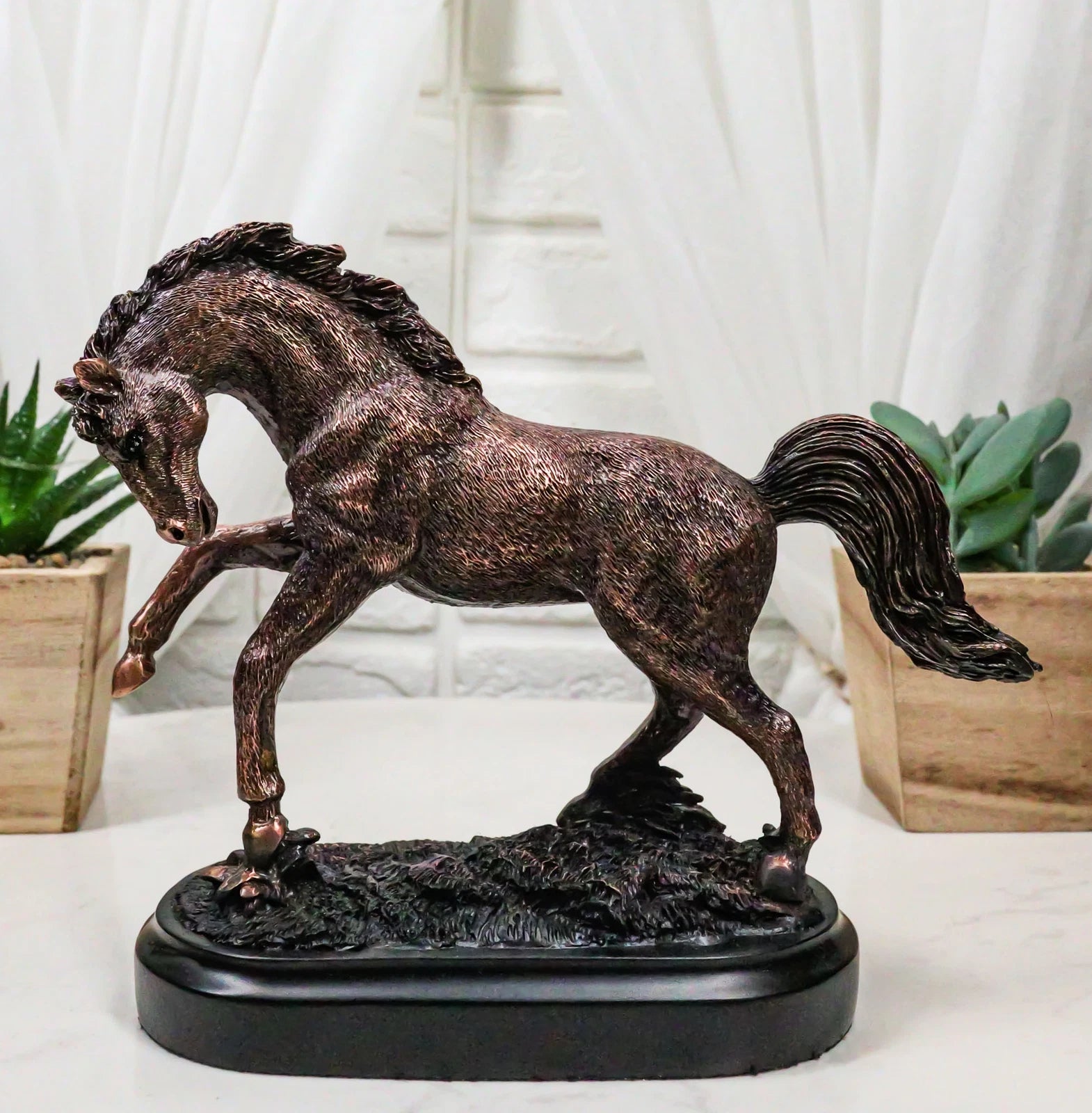 Rustic Western Country Stallion Horse Textured Bronze Resin Figurine With Base-1