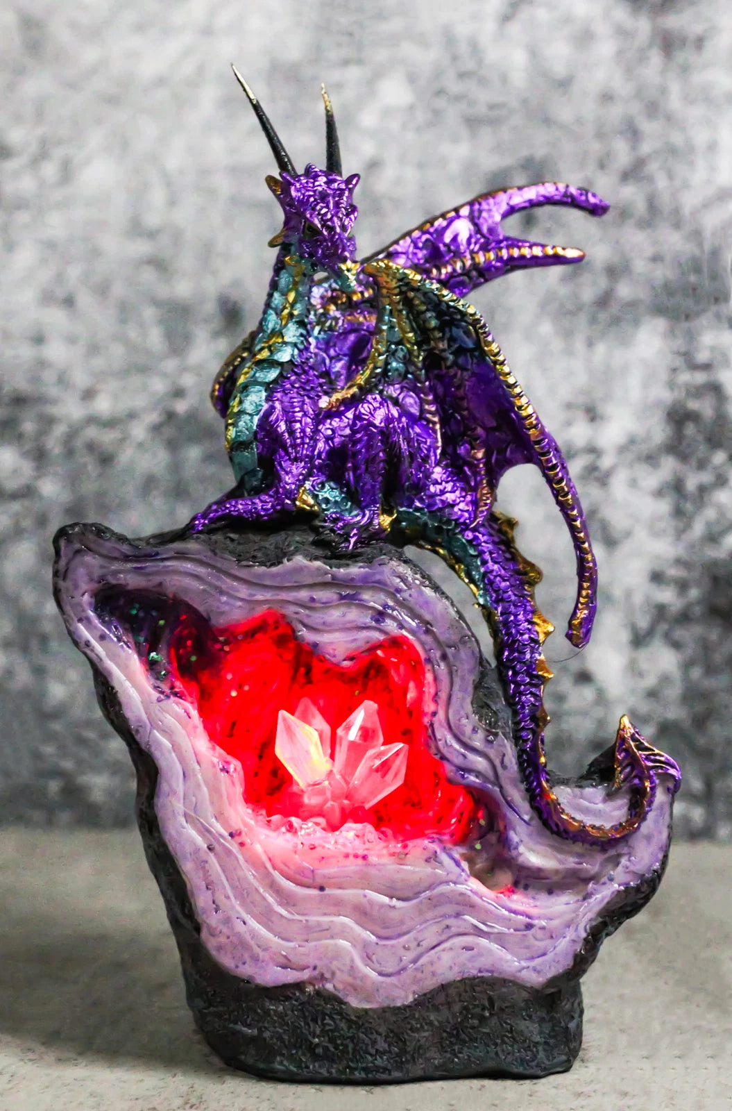 Metallic Purple Midnight Dragon On LED Light Faux Geode Crystal Rock Figurine