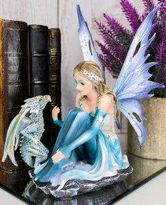 Winter Fairy With Bossy Baby Dragon Statue 7.25"Tall Mythical Fae Magic-1