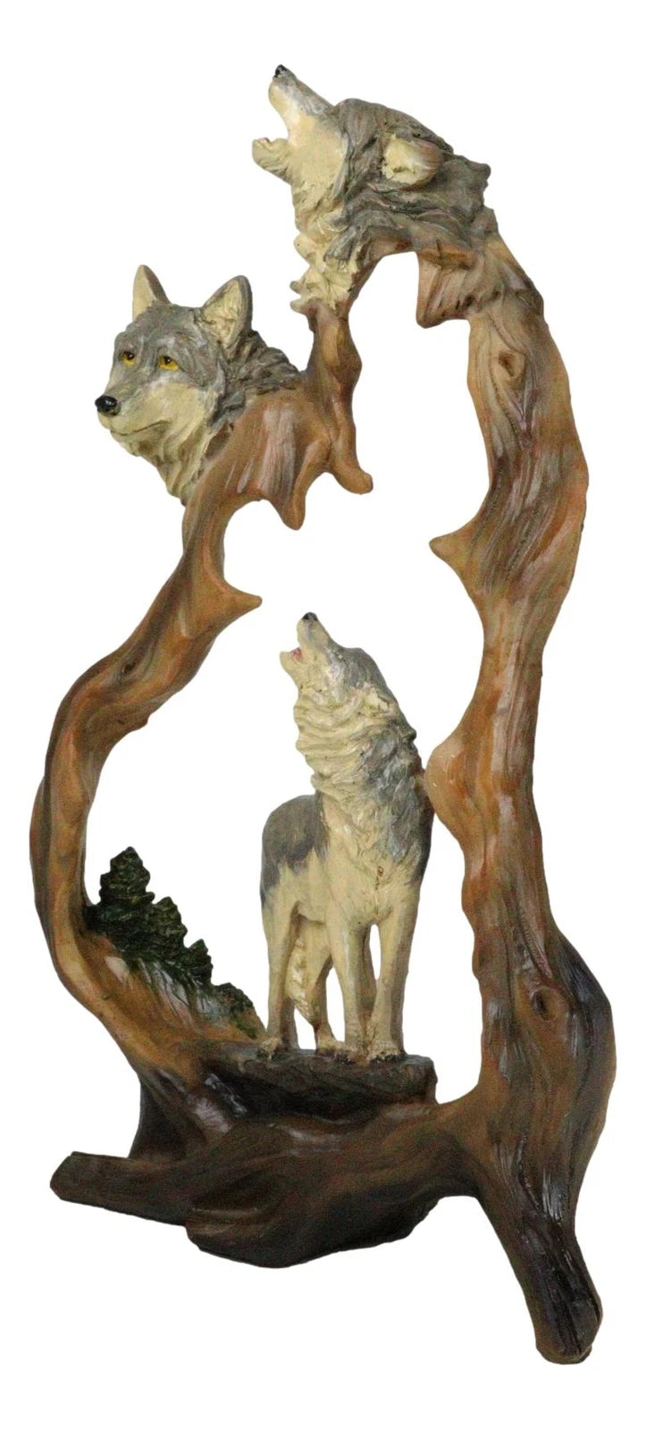 Busto rústico grande de lobo aullando con familia de lobos en escena forestal-4