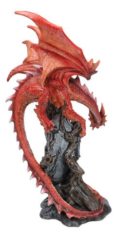Wizard Fantasy Red Volcanic Dragon Perching On Rune Stone Tower Rock Figurine-4