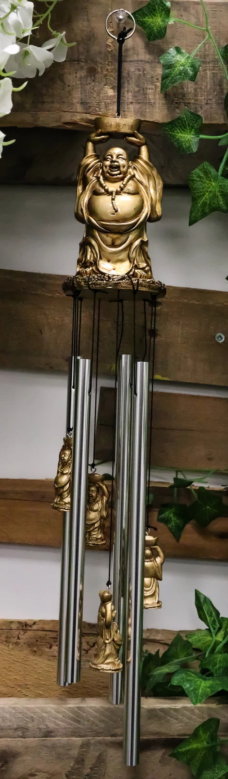 Feng Shui Lucky Buddha With Golden Nugget Wind Chime 23"Long Garden Patio Decor-1