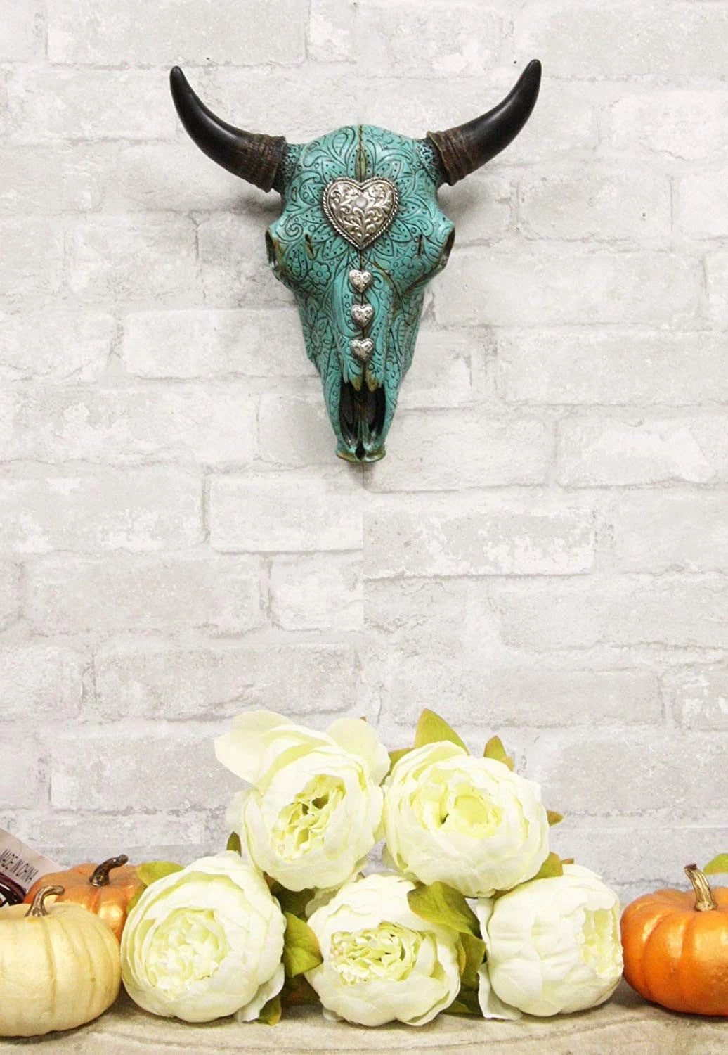 10"L Southwest Steer Bison Bull Cow Skull Turquoise With Scroll Heart Wall Decor-3