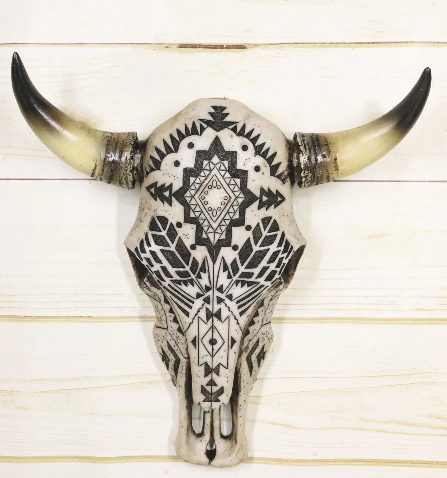 Western Tribal Aztec Vector Tattoo Patterns Horned Cow Skull Wall Decor Plaque-1