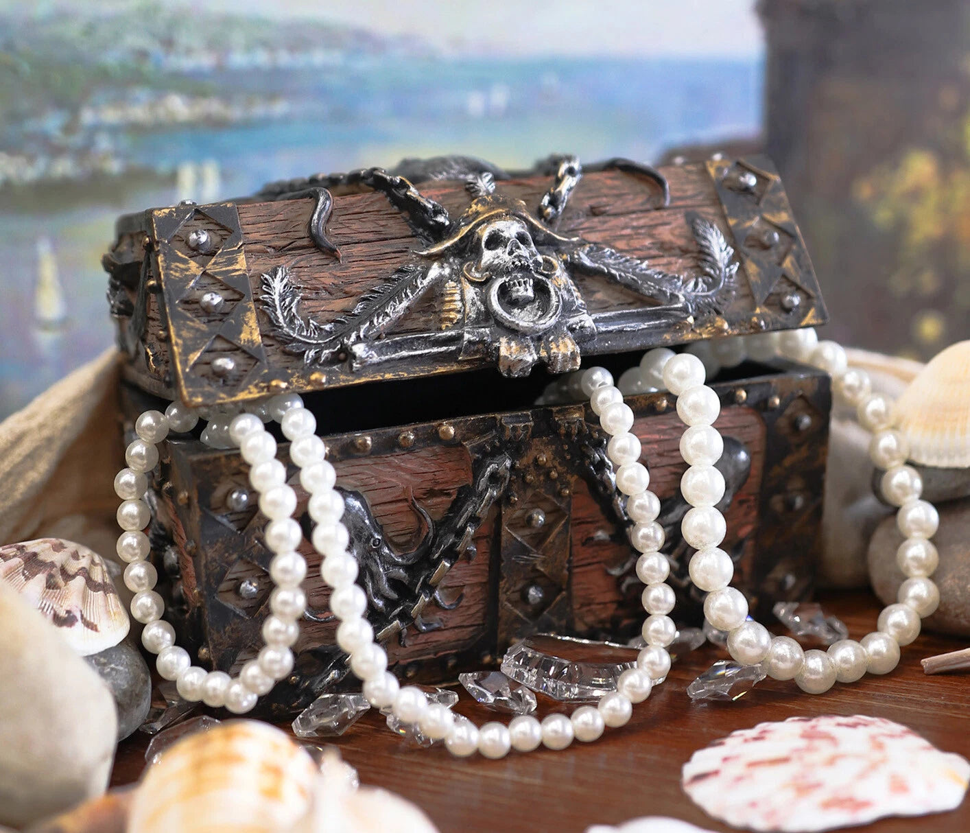 Kraken Octopus Pirate Haunted Chained Skull Treasure Chest Jewelry Box 5"L-1