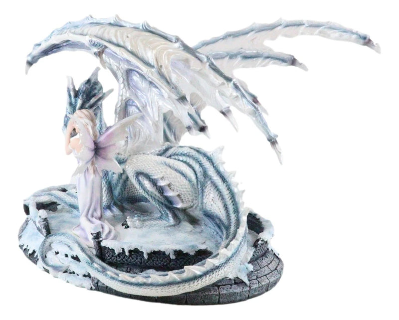 Large 15" Long Winter Blizzard Fairy with Giant White Dragon Statue-7